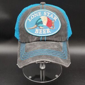 Lone Star Beer OSFM Blue Grey Trucker Hat Texas Armadillo Distressed Western Cap